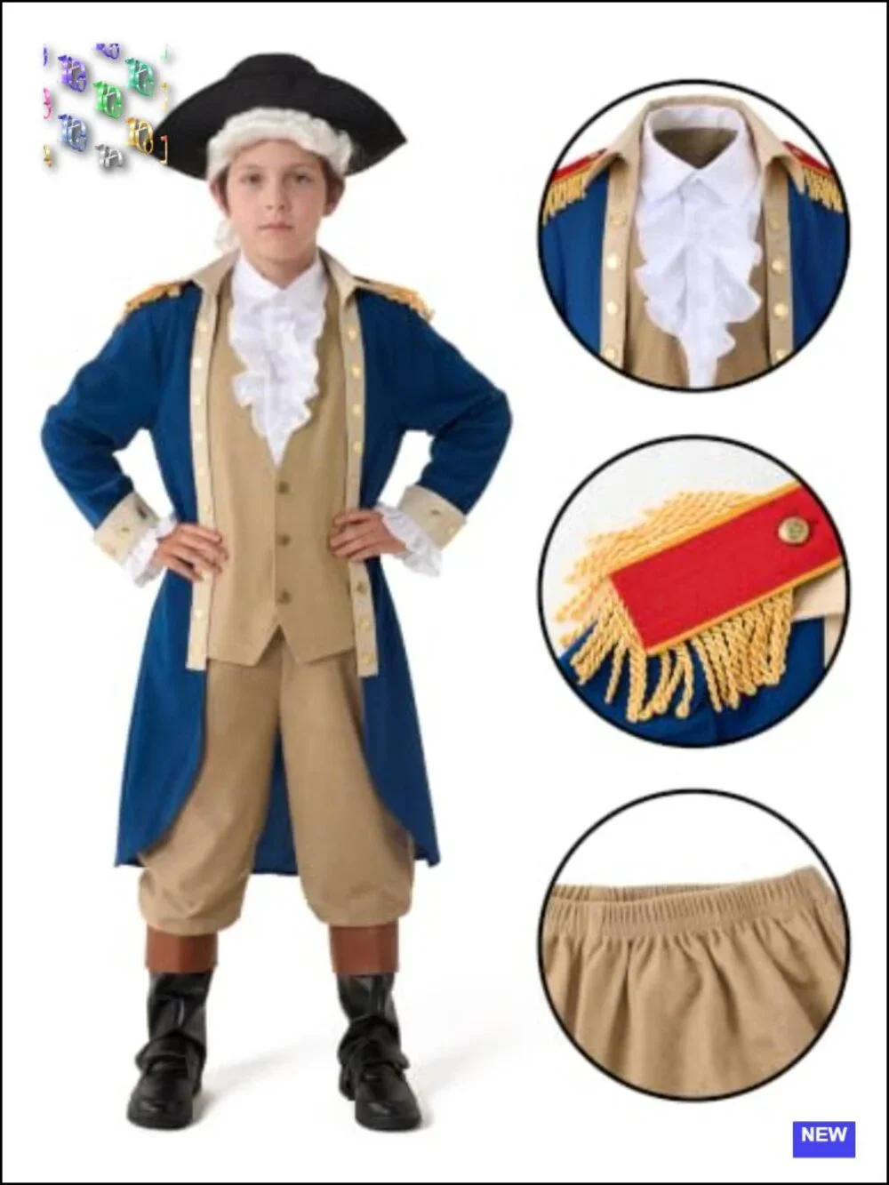 Kids Colonial Historical Costume with Wig and Hat for Boys Halloween Dress Up